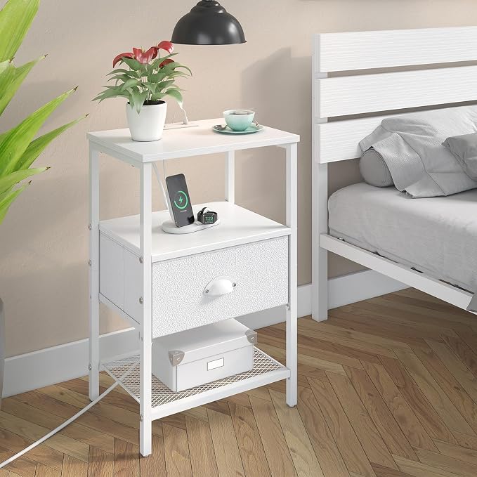 sthmec Nightstands Set of 2, Night Stands with Charging Station and Fabric Drawer PU Finish, Bedside Tables with Drawers, 2-Tier Side Table with Open Shelf, Nightstands with Charging Station,White