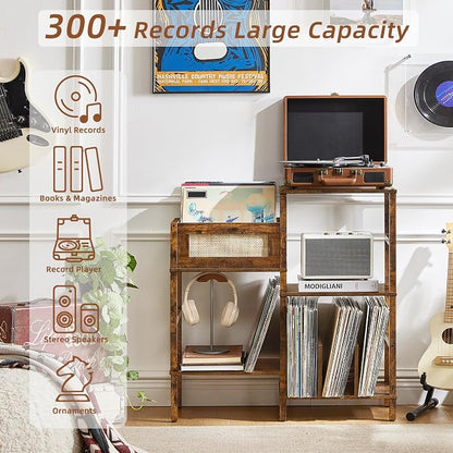 LELELINKY Record Player Stand, Vintage Brown Wood Record Holder with Vinyl Storage Holds up to 300+ Albums, 3-Tier Rattan Media Table with Vinyl Display Shelf, Record Storage Cabinet for Living Room