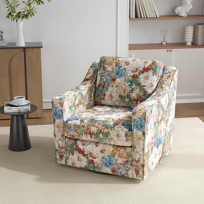 Swivel Accent Chair, 360° Swivel Upholstered Club Armchairs for Living Room, Comfy Fabric Single Sofa Reading Chair with Deep Seat, Metal Swivel Base, Orange Blooms