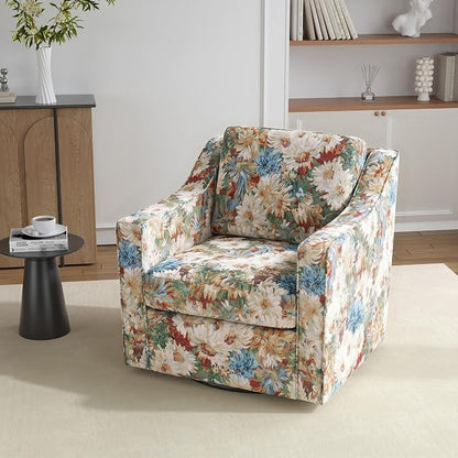 Swivel Accent Chair, 360° Swivel Upholstered Club Armchairs for Living Room, Comfy Fabric Single Sofa Reading Chair with Deep Seat, Metal Swivel Base, Orange Blooms