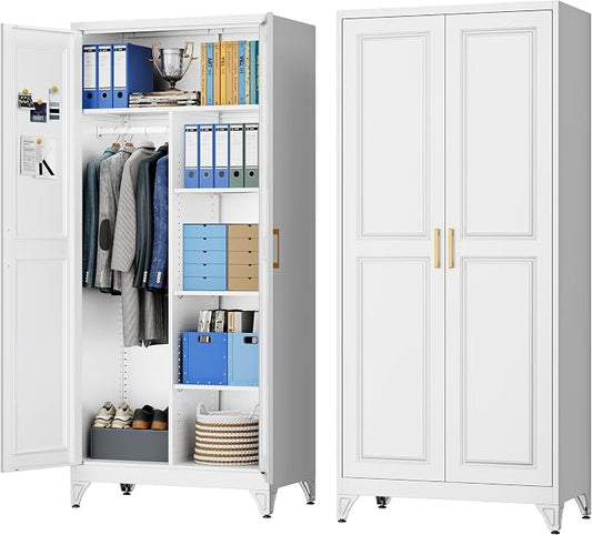 UNICOLY Metal Wardrobe Closet Storage Cabinet， 71" H Wardrobe with Hanging Rod, Clothing Coat Steel Locker Freestanding Wardrobe for Office, School, Home, Employee,Gym,Fire Department, White