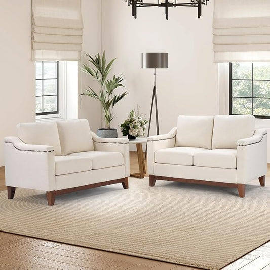 HAOMARKETS Vintage 2-Seater Upholstered Loveseat Sofa Set of 2 with Nailhead Trim, High-Density Foam Cushion & Solid Wood Legs, Soft Fabric Couch for Small Spaces, Beige