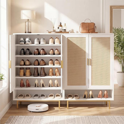 LOKO Shoe Storage Cabinet with 2 Doors, 6-Tier Rattan Shoe Organizer with Adjustable Shelves & Open Compartment, Freestanding Hidden Shoe Cabinet for Entryway, Closet & Living Room (White)
