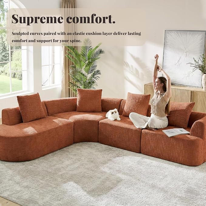 123" Curved Modular Sectional Sofa for Living Room, Oversized Chenille Cloud Couch, L-Shaped Boneless Sofa with Chaise Lounge, Compressed Couch Deep Seat, No Assembly (Rust, L-Shape Left Chaise)