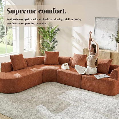 123" Curved Modular Sectional Sofa for Living Room, Oversized Chenille Cloud Couch, L-Shaped Boneless Sofa with Chaise Lounge, Compressed Couch Deep Seat, No Assembly (Rust, L-Shape Left Chaise)