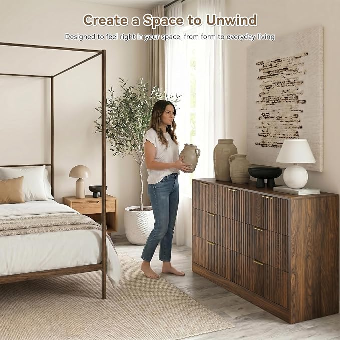 Walnut 7 Drawer Dresser for Bedroom, 55" Wide Fluted Chest of Drawers with Gold Metal Handles, Modern Wood Dresser Closet Storage Organizer Mid Century TV Stand for Living Room Hallway