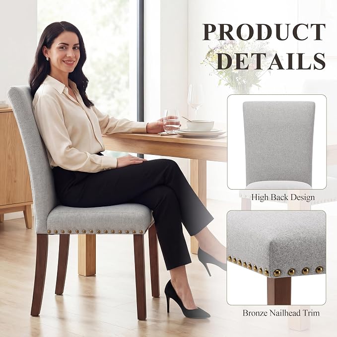 COLAMY Upholstered Parsons Dining Chairs Set of 4, Fabric Dining Room Kitchen Side Chair with Nailhead Trim and Wood Legs - Light Grey