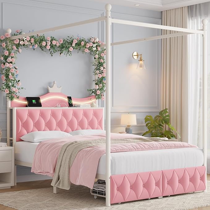 Keyluv Full Size Upholstered LED Canopy Bed Frame with Charging Station and Drawer, Button Tufted Crown Headboard with Storage Shelf, Two-Purpose Removable Four Poster Design Platform Bed, Pink