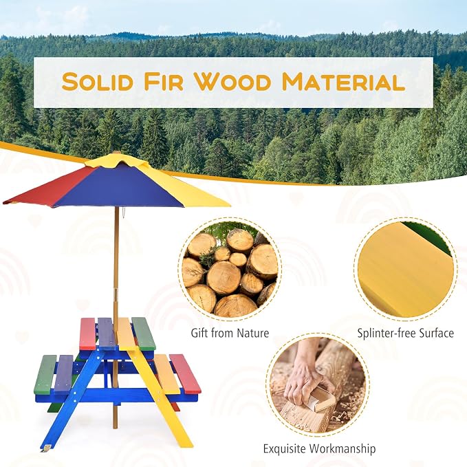 Costzon Kids Picnic Table, Fir Wood Kids Outdoor Table and Chairs with Removable Umbrella, Toddler Picnic Table for Patio, Backyard, Garden (Multicolor)
