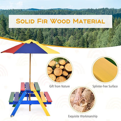 Costzon Kids Picnic Table, Fir Wood Kids Outdoor Table and Chairs with Removable Umbrella, Toddler Picnic Table for Patio, Backyard, Garden (Multicolor)
