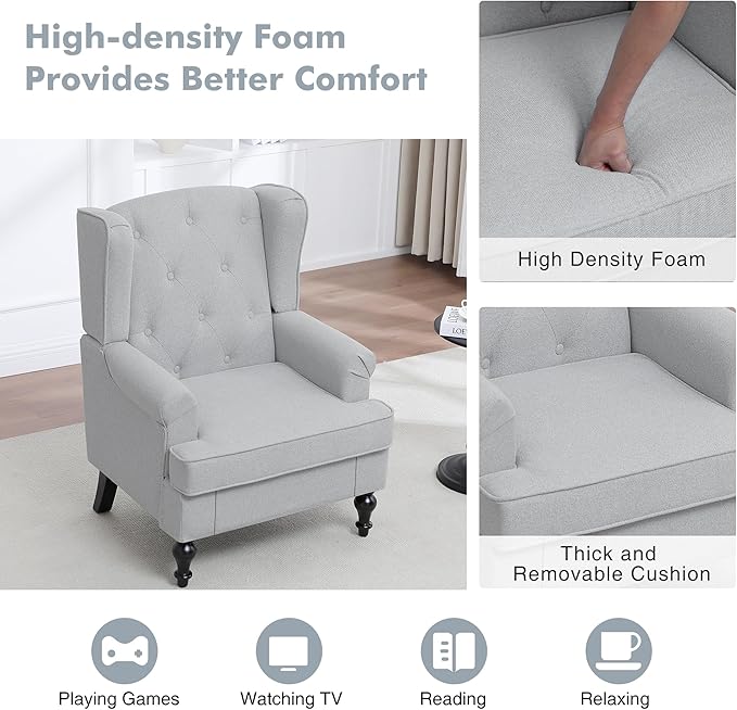 Accent Chair for Living Room, Mid Century Modern Upholstered Armchair, Wingback Chair with Tufted High Back and Solid Legs, Comfy Single Sofa Side Chairs for Bedroom, Light Grey