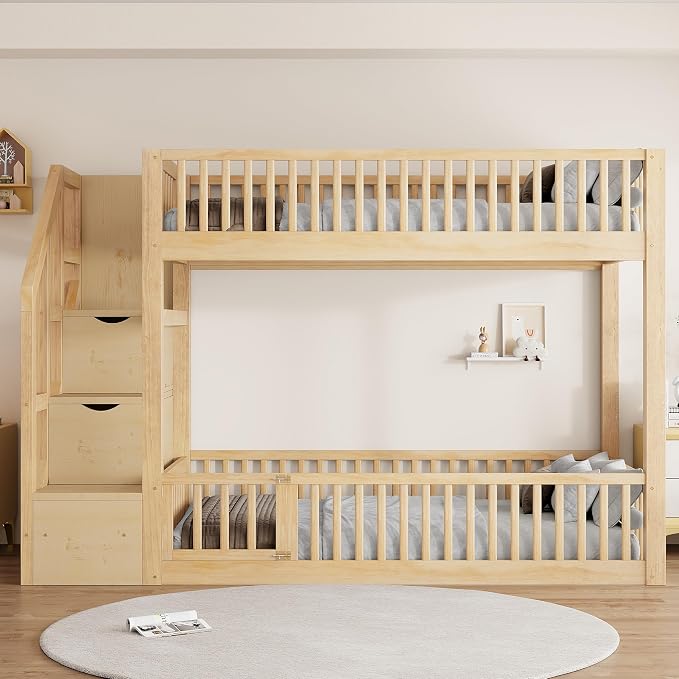 Twin Over Twin Floor Bunk Bed with Storage Ladder and Guardrails,for Kids Teens Adults (Natural#Ladder, Twin Over Twin)