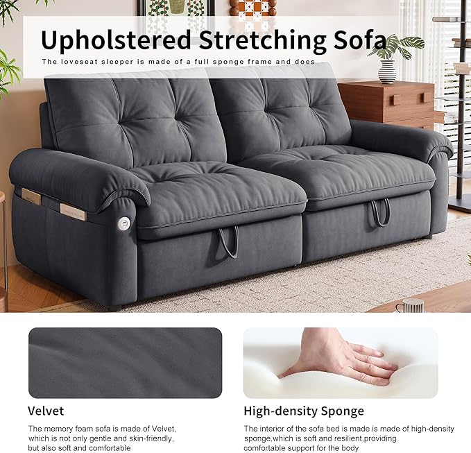 77.2'' Pull Out Couch Full Size, Pre-Assembled Sleeper Sofa Bed, Flannel Convertible Futon Sofa Bed with Adjustable Backrest, USB, Side Pockets, Loveseat for Living Room, Apartment, Dark Grey