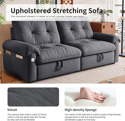 77.2'' Pull Out Couch Full Size, Pre-Assembled Sleeper Sofa Bed, Flannel Convertible Futon Sofa Bed with Adjustable Backrest, USB, Side Pockets, Loveseat for Living Room, Apartment, Dark Grey