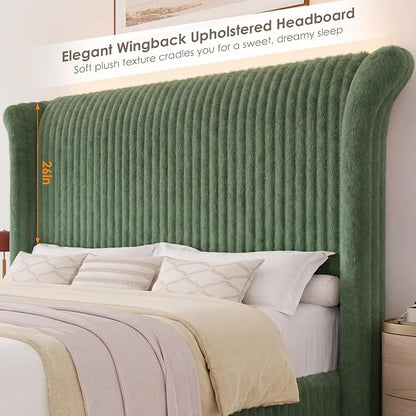 Keyluv King Bed Frame with 54.3” Tall Faux-Fur Wingback Headboard, Upholstered Platform Bed with LED Light, Mattress Foundation with Solid Wooden Slats Support, No Box Spring Needed, Noise-Free, Green
