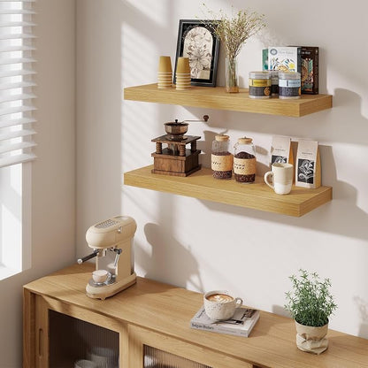 Fun Memories Floating Shelves for Wall, 30 Inch Long Floating Shelves Set of 2, 30 x 10 Wooden Shelves for Wall, Large Storage Shelves, Hanging Shelves for Bathroom Kitchen Bedroom, Oak