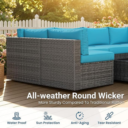 May in Color 7 Pieces Wicker Outdoor Patio Furniture Set, Patio Sectional Sofa with Coffee Table, All-Weather Outdoor Sectional Furniture for Garden Backyard, Light Blue