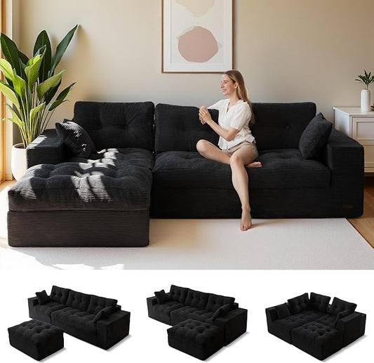 MAXYOYO 96" L Shaped Modular Sectional Sofa with Ottoman, Cloud Boneless Couch with Layered Cushion, Upholstered Sofa in a Box, Flexible Module Combination for Living Room, No Assembly, Black