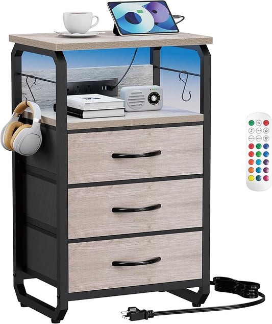 runjuly Bed Side Table with 3 Fabric Drawers, Night Stand with Charging Station, LED Nightstand with Hooks, Bedside Table End Tables with Storage, Night Tables for Bedroom (Beige)