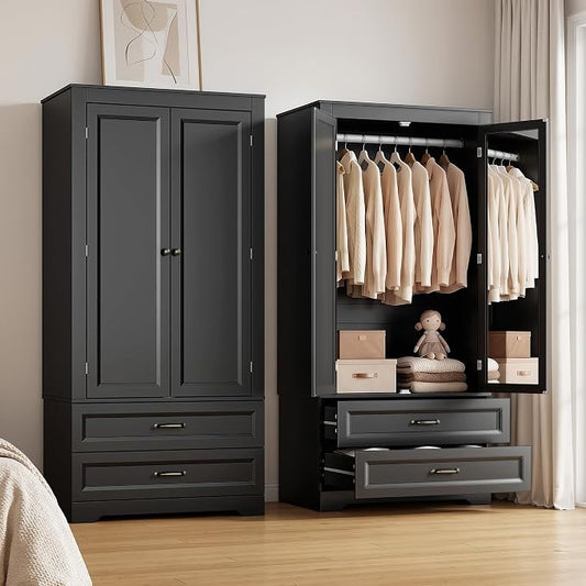Gizoon Wood Wardrobe Closet with Full Length Mirror, Wooden Armoire with Hanging Rod & 2 Drawers, Bedroom Clothing Storage Cabinet, Anti-tip, Mirror Can Be Installed on Left/Right Door Freely, Black
