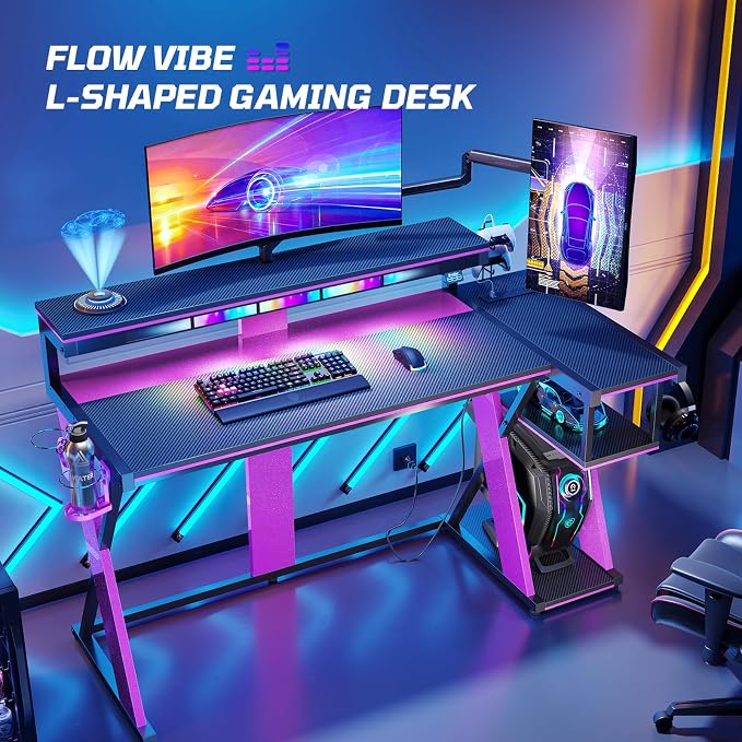 Bestier Computer Desk with Music Sync Light, Flow Vibe Corner Desk with Monitor Stand and PS5 Storage Shelves, Cup Holders, and Headset Hooks for Bedroom Small Space (Black Purple, 57 Inch)