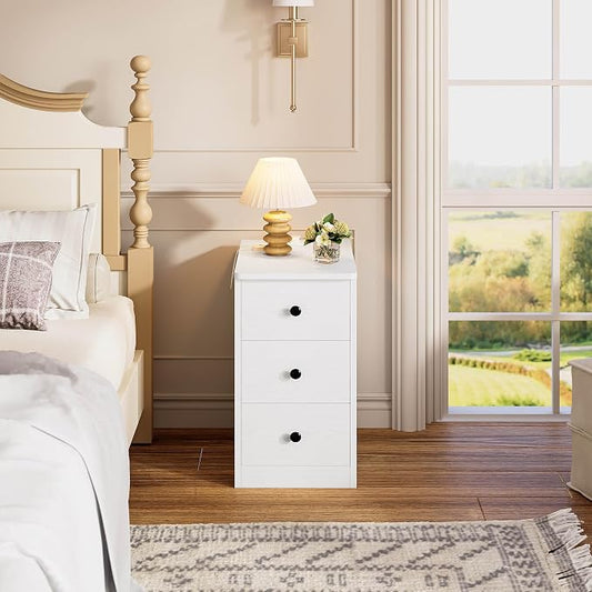 LIKIMIO Nightstand with Charging Station, Narrow Bedside Table with 3 Drawers, End Table with USB Ports and Outlets, Side Table for Living Room/Bedroom Modern