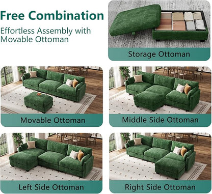 Modular Sectional L Shaped Sofa Couches for Living Room, Cloud Couch with Storage Ottoman, Comfy Chenille Sofa with Pillow, Green