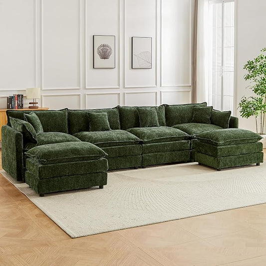 Modular Sectional Sofa, 147.2 Inch U Shaped Couch Set with Armrests, 4-Seater Comfy Cloud Couches with Movable Ottoman for Living Room Apartment, Green