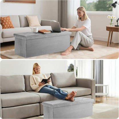 DUMOS 43 Inch Folding Storage Ottoman Bench, Large Storage Chest withThicker Foam Padded Seat, End of Bed Foot Rest Stool for Bedroom Living Room Entryway, Load 660 lbs, Lychee Grain Leather, Grey