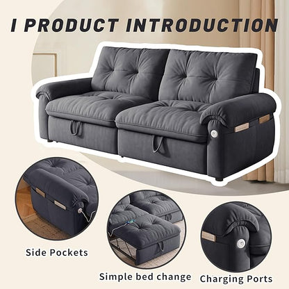 77.2'' Pull Out Couch Full Size, Pre-Assembled Sleeper Sofa Bed, Flannel Convertible Futon Sofa Bed with Adjustable Backrest, USB, Side Pockets, Loveseat for Living Room, Apartment, Dark Grey