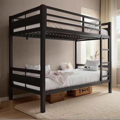 Bunk Bed Twin Over Twin, Heavy Duty Metal Bunkbeds with Full-Length Guardrail, Space-Saving Steel Bed for Kids & Adults, No Box Spring Required, Black