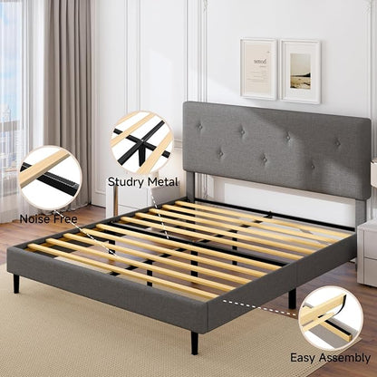 Full Size Linen Bed Frame, Upholstered Platform Bed Frame with Adjustable Headboard, Wooden Slats Support, No Box Spring Needed, Easy Assembly, Grey