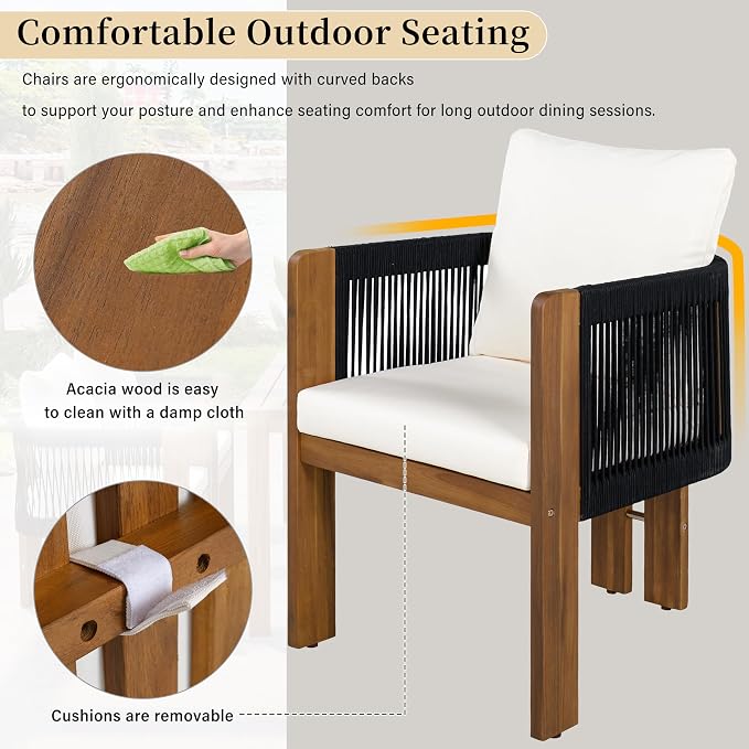 Quarte Luxury 4-Person Outdoor Dining Set: Solid Acacia Wood Table with Rope-Woven Chairs & Comfy Cushions for Patio, Garden, Poolside or Deck (Black,Brown-R)