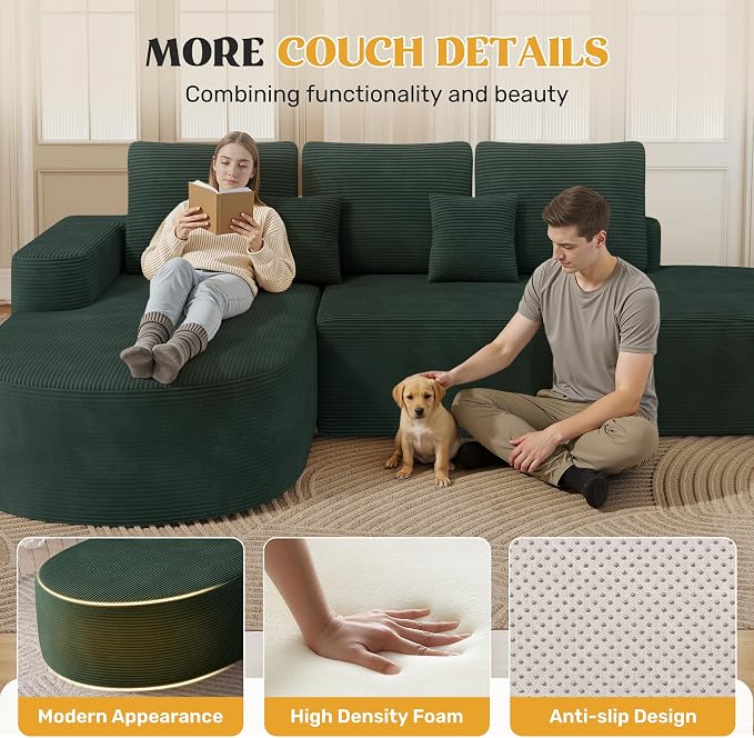 112" Modern Curved Cloud Couch, Boneless Couches for Living Room with Deep Seat, Memory Foam Compressed Modular Sectional Sofa, No Assembly Required,Green 1 PCS