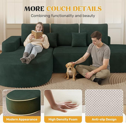 112" Modern Curved Cloud Couch, Boneless Couches for Living Room with Deep Seat, Memory Foam Compressed Modular Sectional Sofa, No Assembly Required,Green 1 PCS