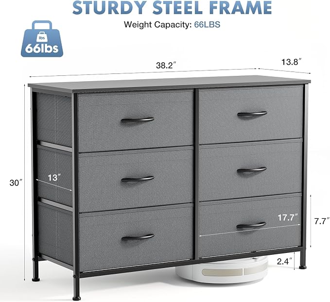 DUMOS Bedroom Dresser for Closet, Fabric Dresser, Chest of 6 Drawers | Storage Organizer, Small Space TV Stand for Living Room, Anti-tip and Wooden Top, Home Furniture, Grey