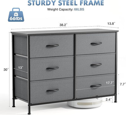 DUMOS Bedroom Dresser for Closet, Fabric Dresser, Chest of 6 Drawers | Storage Organizer, Small Space TV Stand for Living Room, Anti-tip and Wooden Top, Home Furniture, Grey