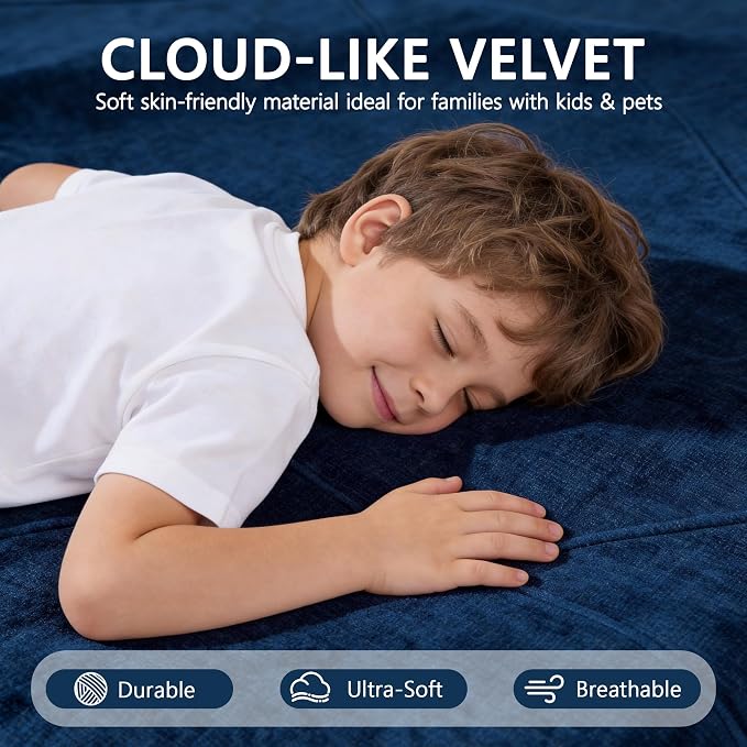 112" Modular Sectional Cloud Couch, L Shaped Sofa Boneless Couches with Movable Ottoman, 3 Deep Seat Modern Comfy Velvet Sofa for Living Room, Bedroom, Apartment (Blue)