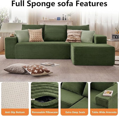 Sectional Couches for Living Room Cloud Couch Sofa with L-Shape Couch in a Box Upholstered Boneless Couchs Modern Modular Sectional Couch with Chaise (Green,B-3 Seater-Right-Facing Chaise-96 inch)