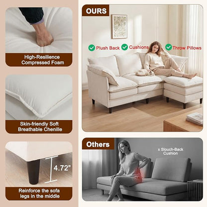 3 Seater L-Shape Couch Sofa with Ottoman, 69" Small Couch Modern Comfy Cloud Chenille Sofa 23" Deep with Washable Pillow Cover Couches for Living Room Bedroom Apartment Office 69-Beige-L