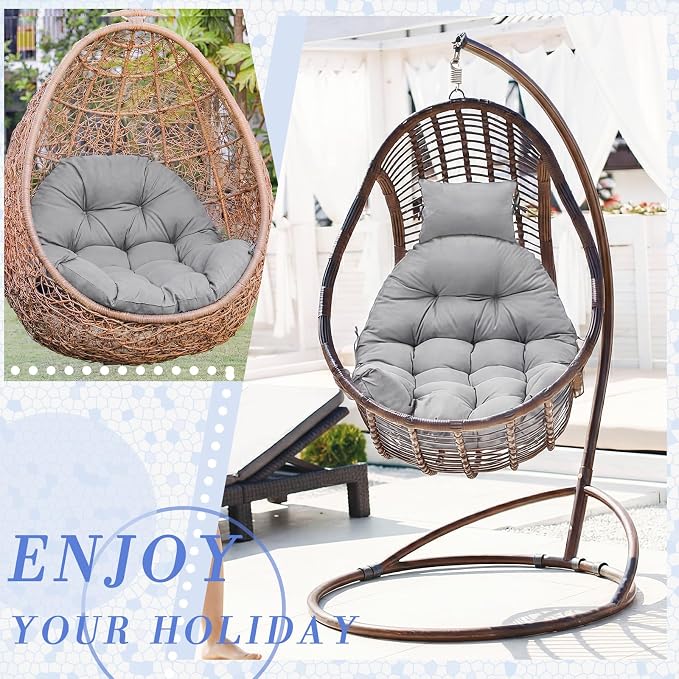 Tudomro Light Gray Waterproof Egg Chair Cushion with Pillow Filling 2.58 kg Replacement Rocking Wicker Chair Cushion 48" x 32" High Back Hanging Swing Hammock Pad Thicken for Outdoor Patio Garden