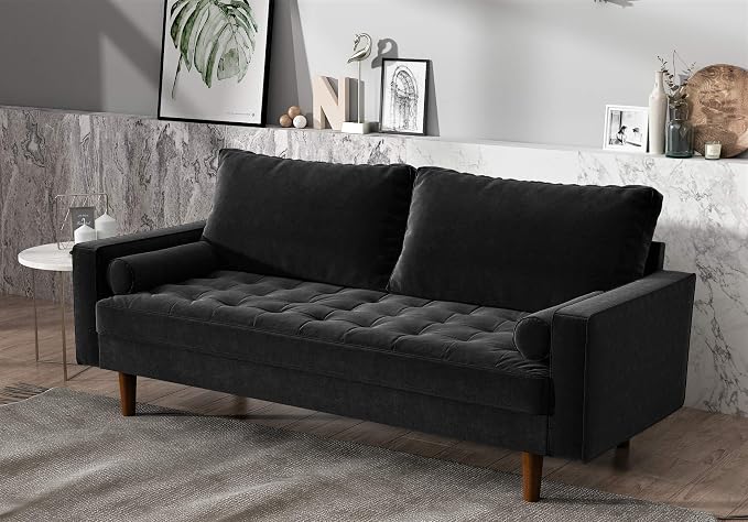 Container Furniture Direct Womble Mid Century Modern Velvet Upholstered Tufted Seat with Bolster Pillows, Sofa, Midnight