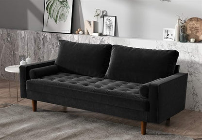 Container Furniture Direct Womble Mid Century Modern Velvet Upholstered Tufted Seat with Bolster Pillows, Sofa, Midnight