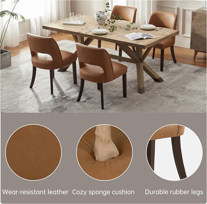 VKNOW Modern Dining Chairs Set of 4 with Rubberwood Legs, Brown | Faux Leather, Curved Back, For family, Kitchen Dining Room Restaurant Reception Room, No wobble, 80% pre-installed