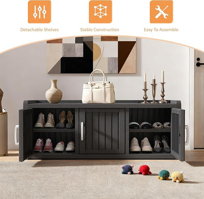 2-Tier Storage Bench, Waterproof UV-Resistant Outdoor Shoe Storage Cabinet with 3 Doors & Adjustable Shelves for Indoor Outdoor Entryway, Hallway, Living Room (Classic Black)