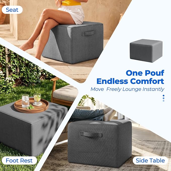 Living&Giving Square Outdoor Ottoman Pouf, 24 Inch Waterproof Patio Ottoman Foot Rest with Solid High-Density Foam, Comfy Boneless Footstool for Outside Couch & Seating, Dark Gray