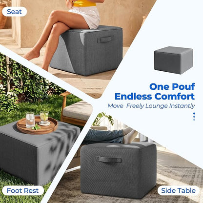 Living&Giving Square Outdoor Ottoman Pouf, 24 Inch Waterproof Patio Ottoman Foot Rest with Solid High-Density Foam, Comfy Boneless Footstool for Outside Couch & Seating, Dark Gray