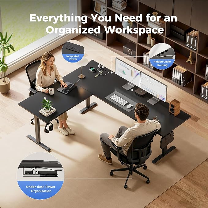 Agilestic Electric L Shaped Standing Desk 63 x 48 Inch with Power Outlet, Height Adjustable Corner Stand up Desk with Cable Management,Sit Stand Home Office Workstation with Splice Board, Black
