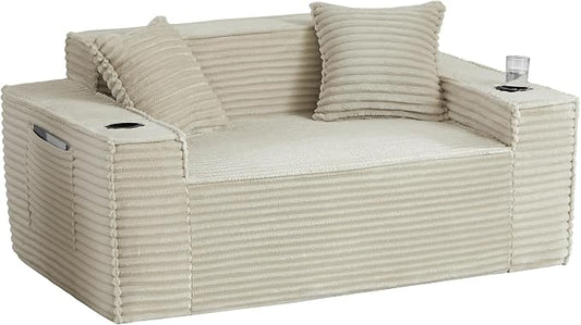61" Boneless Sofa Couches with Cup Holder,2 Seat Loveseat Sofas with Side Pocket for Compact Living Rooms, Apartments (Camel, Loveseat Sofa)