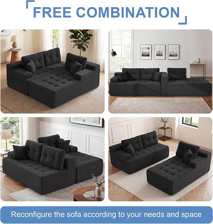 Hobestluk Modular Sectional Sofa Couches L-Shape Couch 3 Seat Modular Sofa Memory Foam Sectional Couches for Living Room, Cloud Couch with Oversized Chaise (Black Tufted, 108", Right Hand Facing)
